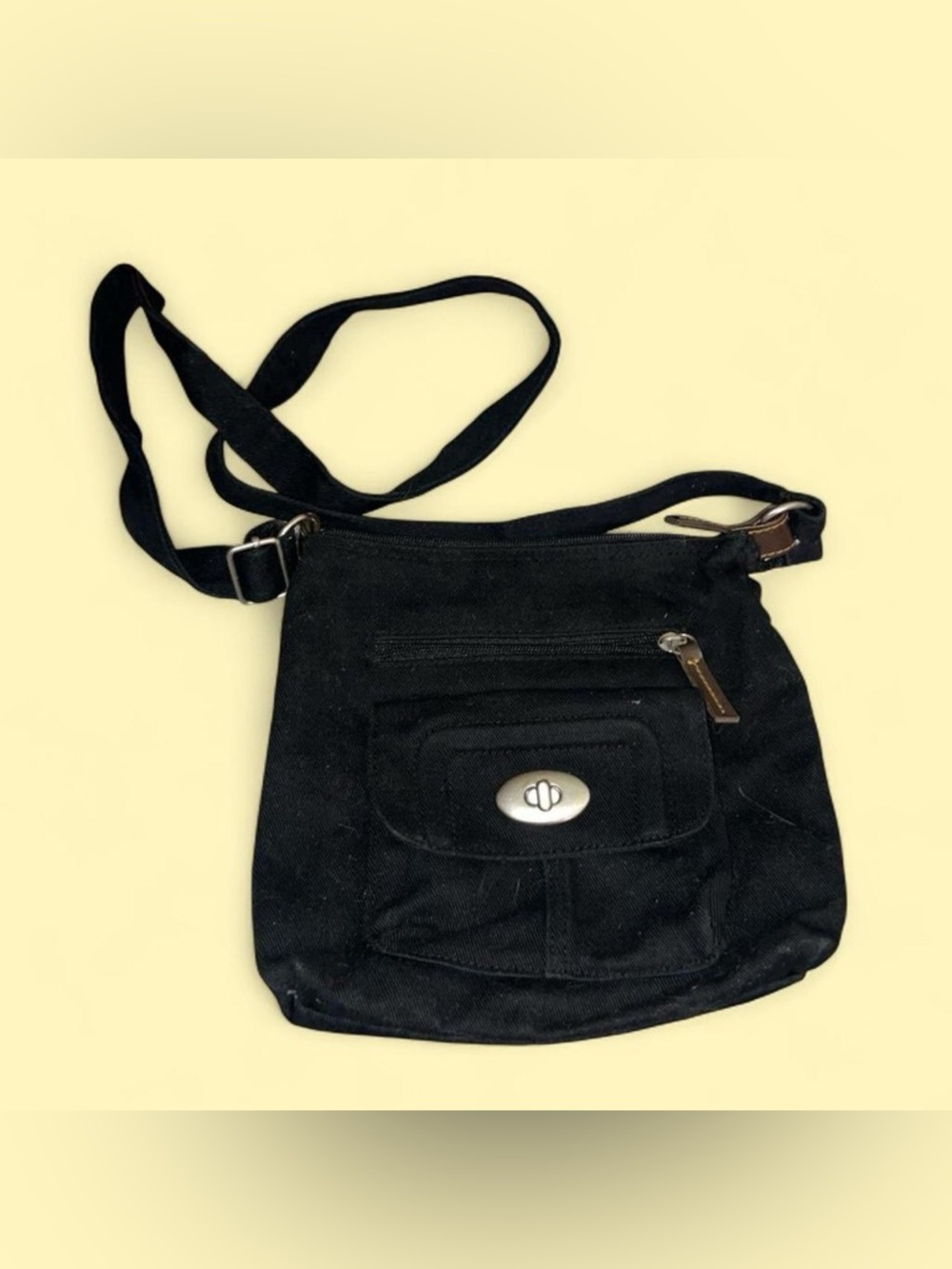Compact Black Crossbody Bag with Front Turn-Lock Pocket